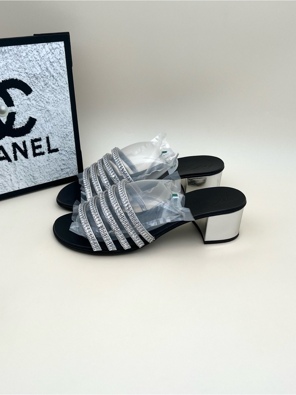Giuseppe Zanotti Silver Crystal Multi-Strap Block Heel Mules